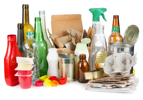 A collection of various discarded household items and packaging arranged on a flat surface, including glass bottles in green, amber, and clear, some with labels, along with metal cans, a plastic spray bottle, crumpled paper, cardboard boxes, and paper layers. The bottles and cans display different textures, such as smooth glass and slightly reflective metal, with some plastic containers featuring ridges and caps. The crumpled paper and flattened cardboard provide a contrast in texture and colour, ranging from brown to off-white. The items are positioned closely together, with some stacked or leaning against each other, suggesting a scene of refuse ready for waste collection or removal. The background appears plain and neutral, emphasizing the refuse items without any environmental context. As part of commercial waste removal services in Ilford, Commercial Waste Ilford handles this type of rubbish, including bottles, cans, packaging materials, and paper waste, typical of domestic or small business disposals in the local area.